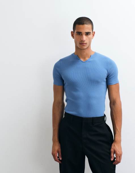 ASOS DESIGN muscle fit t-shirt with notch neck in blue - view 1