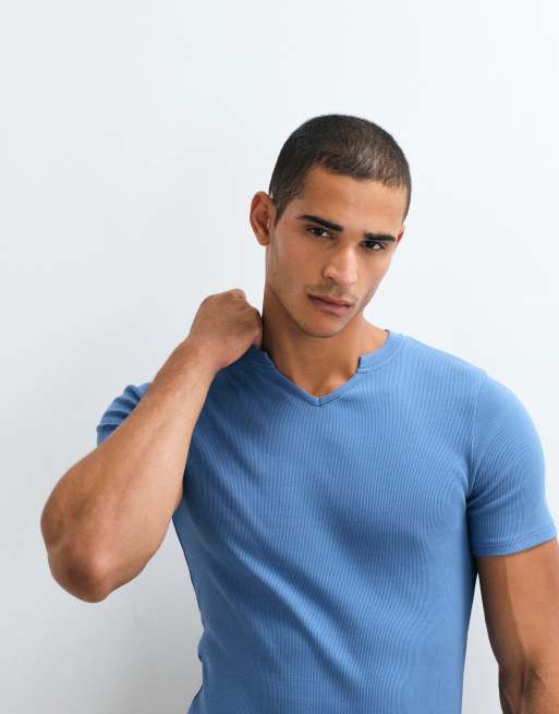 ASOS DESIGN muscle fit  t-shirt with notch neck in blue, 3 of 5