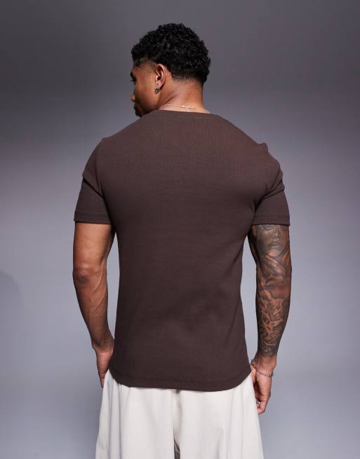 ASOS DESIGN muscle fit t-shirt with notch neck in brown rib   , 3 of 4