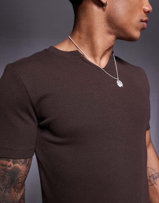 ASOS DESIGN muscle fit t-shirt with notch neck in brown rib   , 4 of 4
