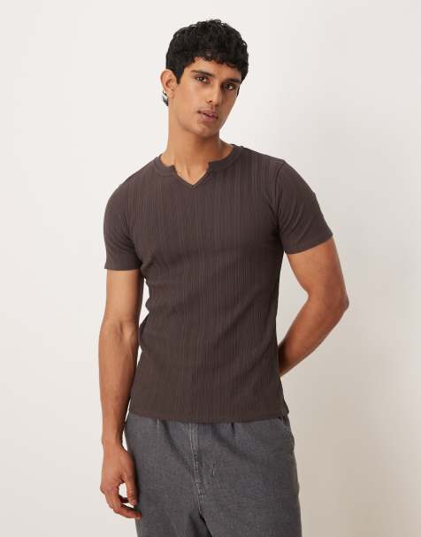 ASOS DESIGN muscle fit t-shirt with notch neck in brown rib - view 1