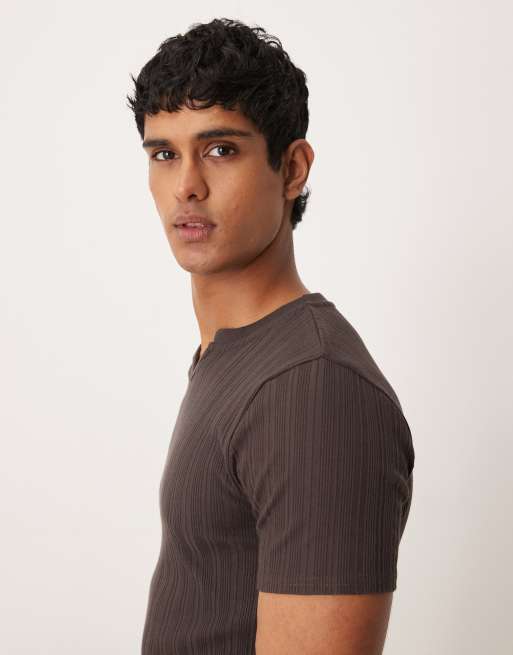 ASOS DESIGN muscle fit T-shirt with notch neck in brown rib, 4 of 5