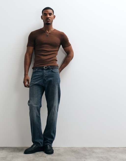 ASOS DESIGN muscle fit t-shirt with notch neck in brown rib, 2 of 5