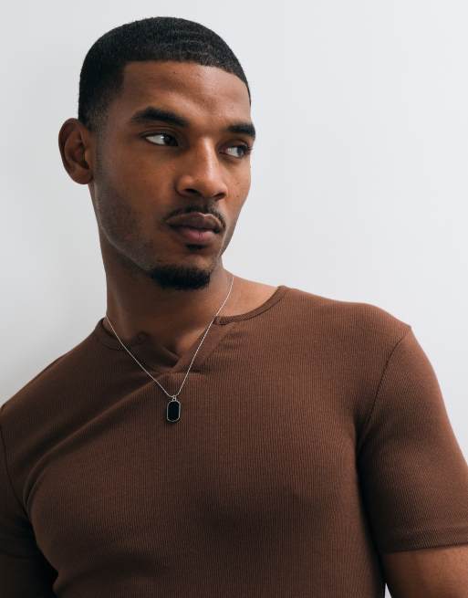 ASOS DESIGN muscle fit t-shirt with notch neck in brown rib, 3 of 5
