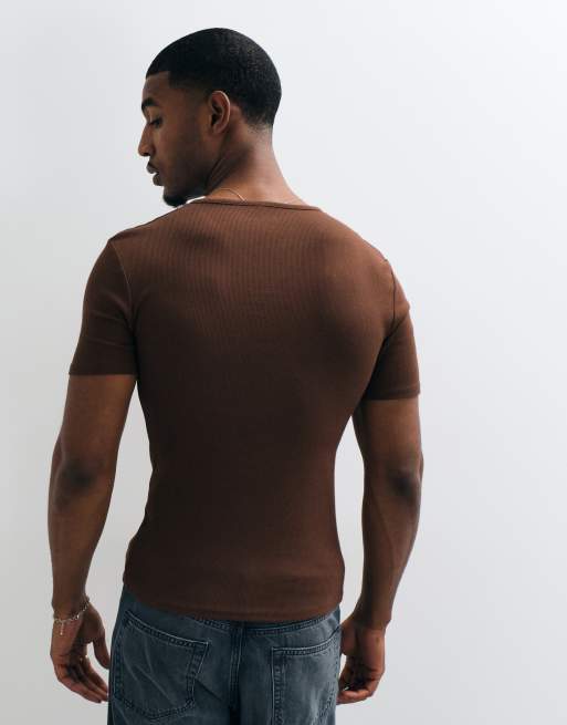 ASOS DESIGN muscle fit t-shirt with notch neck in brown rib, 5 of 5
