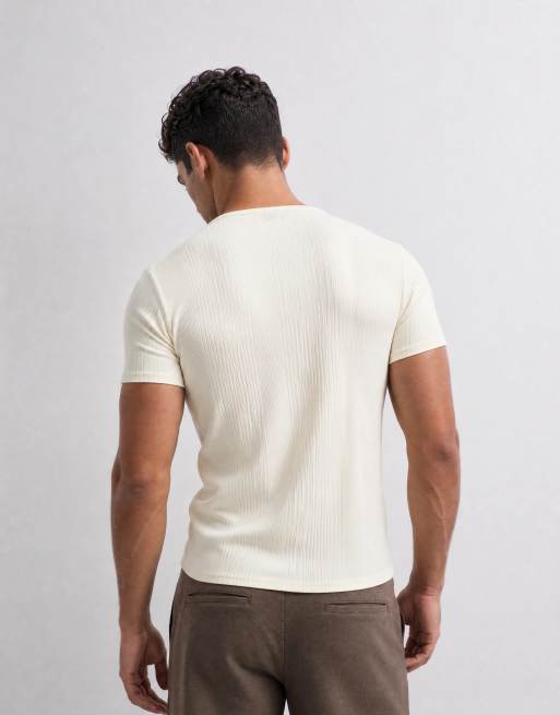 ASOS DESIGN muscle fit t-shirt with notch neck in cream smart rib, 10 of 10