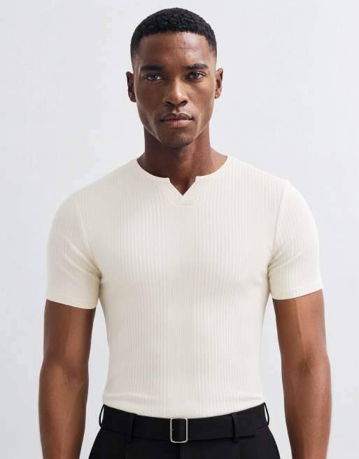 ASOS DESIGN muscle fit T-shirt with notch neck in cream smart rib, 13 of 14