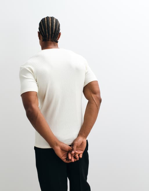 ASOS DESIGN muscle fit t-shirt with notch neck in cream smart rib, 4 of 10
