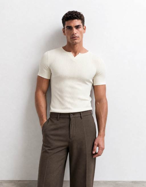 ASOS DESIGN muscle fit t-shirt with notch neck in cream smart rib, 6 of 10