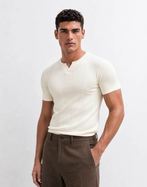 ASOS DESIGN muscle fit t-shirt with notch neck in cream smart rib, 9 of 10