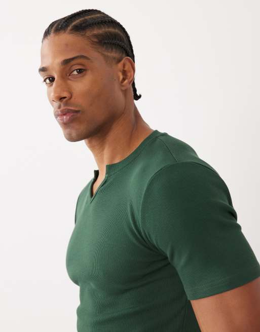 ASOS DESIGN muscle fit t-shirt with notch neck in dark green rib, 4 of 5
