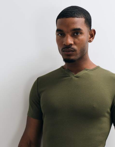 ASOS DESIGN muscle fit t-shirt with notch neck in khaki rib - view 1