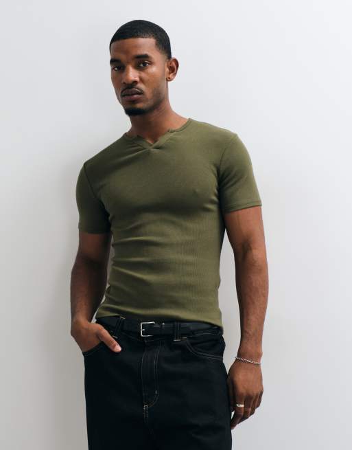 ASOS DESIGN muscle fit t-shirt with notch neck in khaki rib, 3 of 5