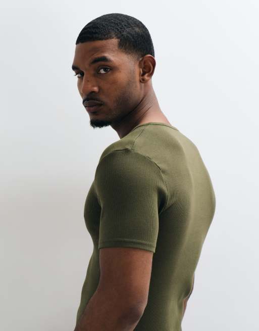 ASOS DESIGN muscle fit t-shirt with notch neck in khaki rib, 4 of 5