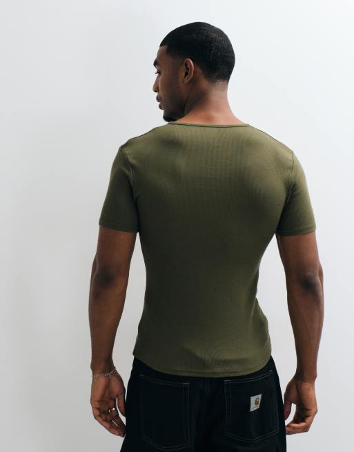 ASOS DESIGN muscle fit t-shirt with notch neck in khaki rib, 5 of 5