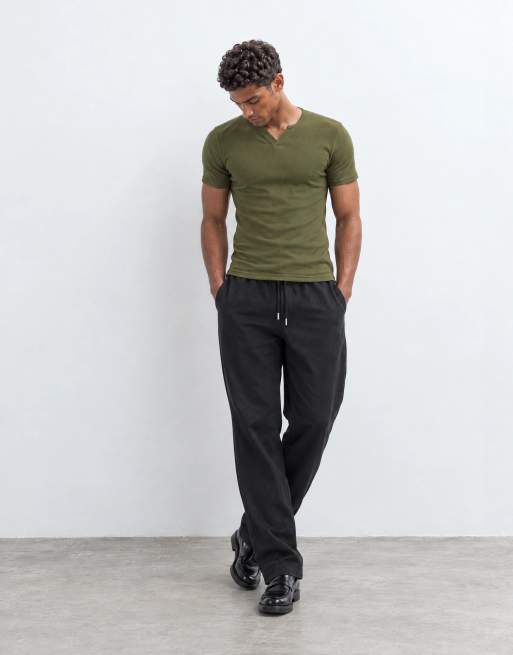 ASOS DESIGN muscle fit t-shirt with notch neck in khaki rib, 6 of 10