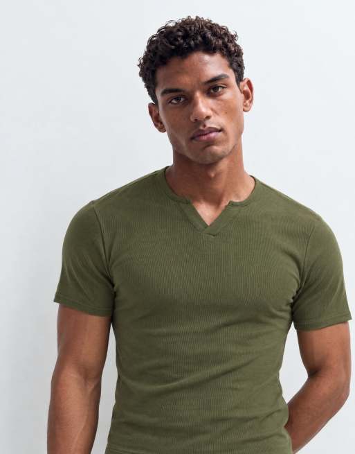 ASOS DESIGN muscle fit t-shirt with notch neck in khaki rib, 8 of 10