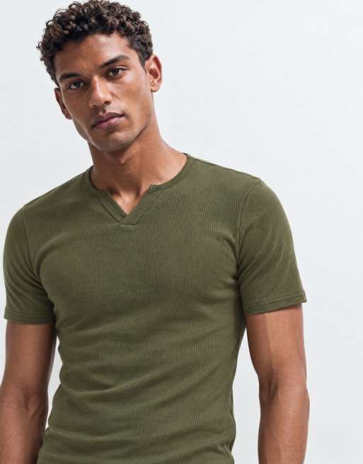 ASOS DESIGN muscle fit t-shirt with notch neck in khaki rib, 9 of 10