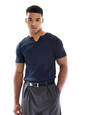 ASOS DESIGN muscle fit T-shirt with notch neck in navy rib