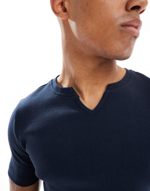ASOS DESIGN muscle fit T-shirt with notch neck in navy rib  , 3 of 4