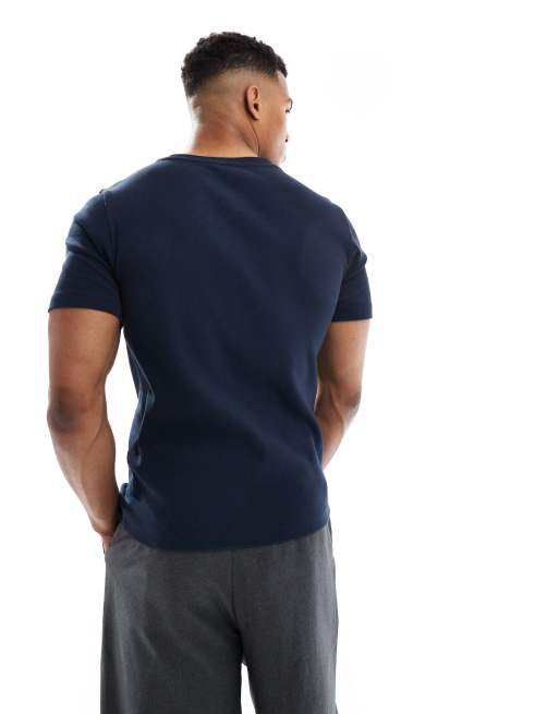 ASOS DESIGN muscle fit rib knit t-shirt with notch neck in navy