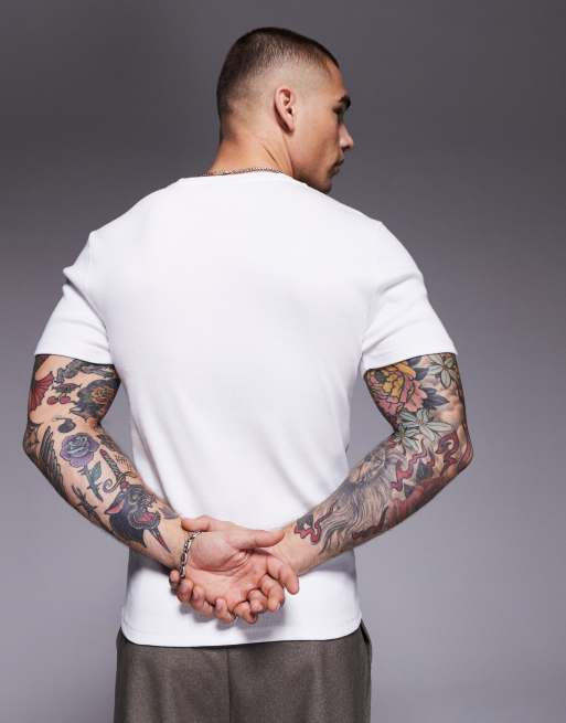 ASOS DESIGN muscle fit T-shirt with notch neck in white rib  , 4 of 4