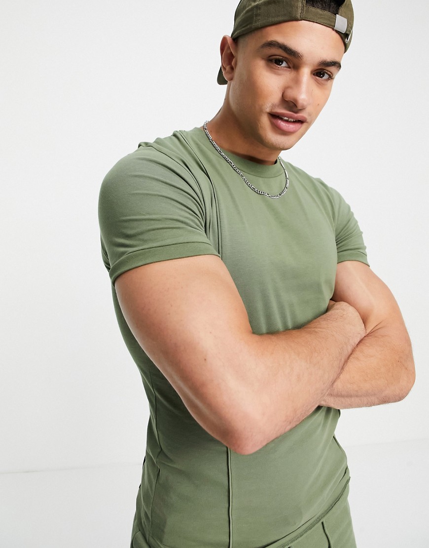 ASOS DESIGN muscle fit t-shirt with pinktucks in khaki-Green