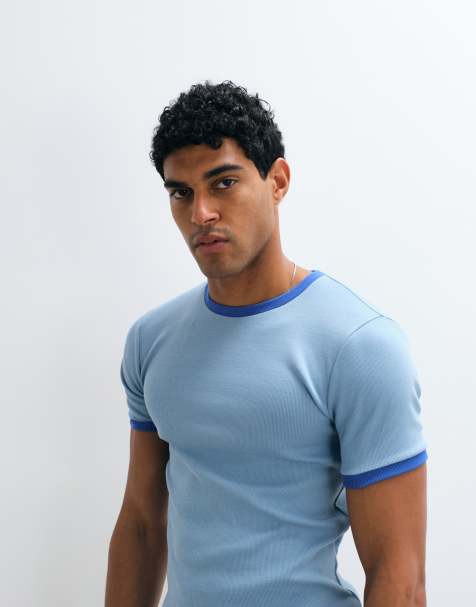 ASOS DESIGN muscle fit T-shirt with ringer detail in blue rib - view 1