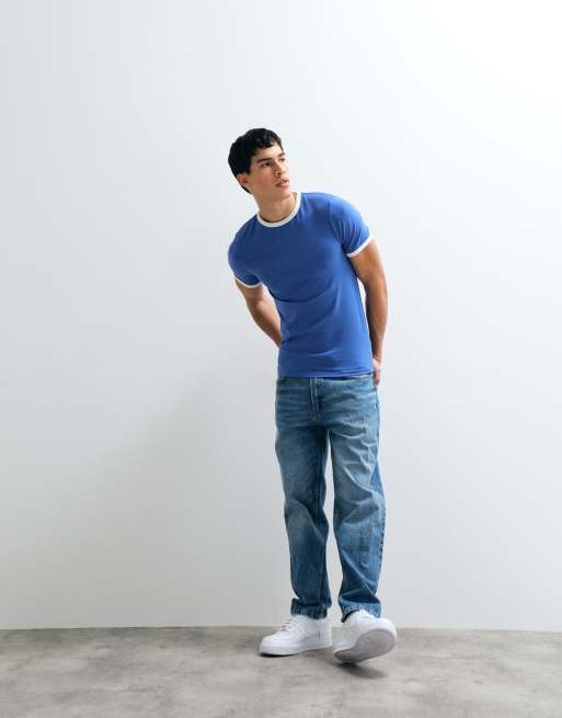 ASOS DESIGN muscle fit t-shirt with ringer detail in blue, 2 of 7