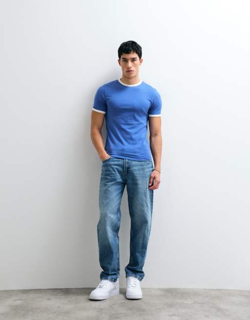 ASOS DESIGN muscle fit t-shirt with ringer detail in blue, 4 of 7