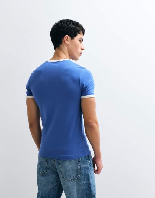 ASOS DESIGN muscle fit t-shirt with ringer detail in blue, 5 of 7