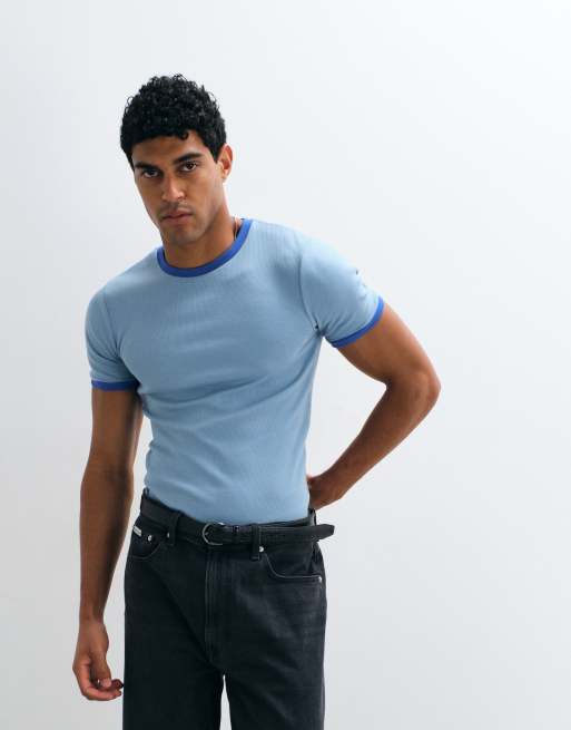 ASOS DESIGN muscle fit t-shirt with ringer detailing in blue rib, 3 of 5