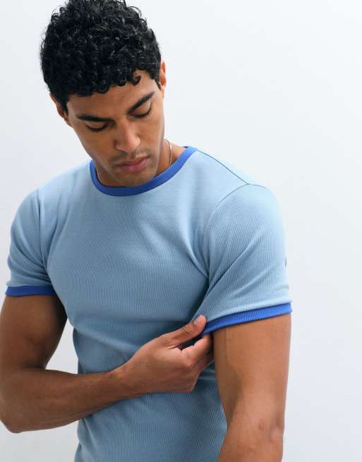 ASOS DESIGN muscle fit t-shirt with ringer detailing in blue rib, 4 of 5