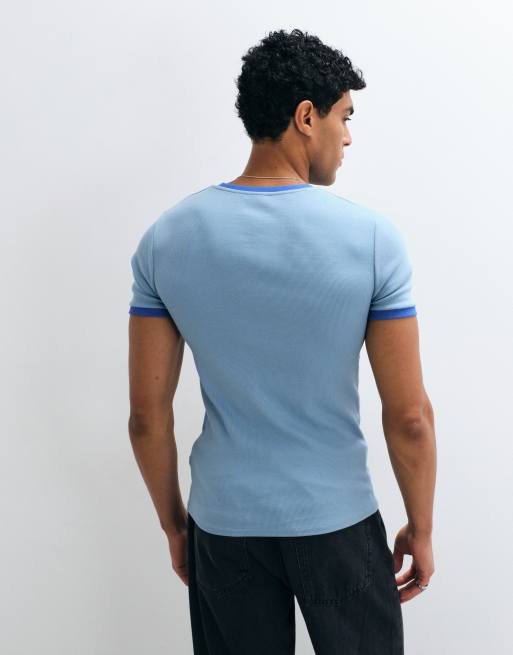 ASOS DESIGN muscle fit t-shirt with ringer detailing in blue rib, 5 of 5