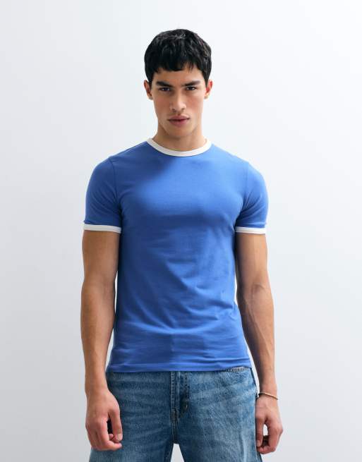 ASOS DESIGN muscle fit t-shirt with ringer detailing in blue, 3 of 7