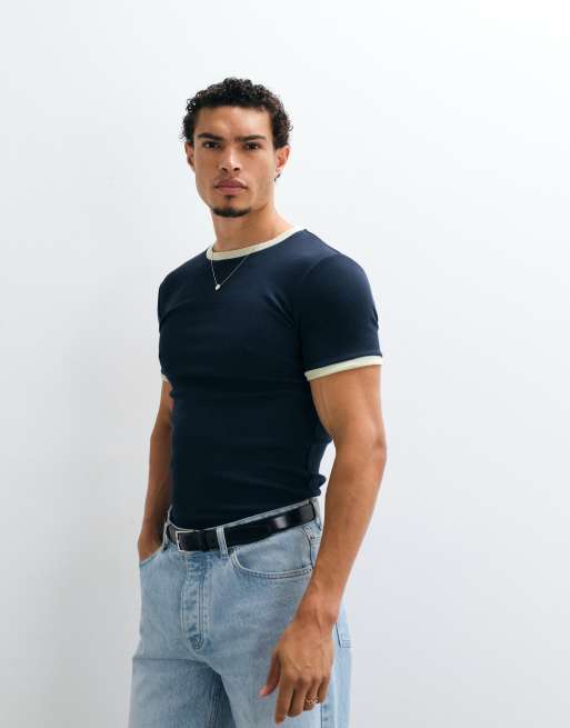 ASOS DESIGN muscle fit t-shirt with ringer detailing in navy and green rib, 4 of 5