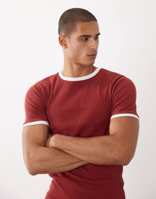 ASOS DESIGN muscle fit t-shirt with ringer detailing in red rib, 5 of 5