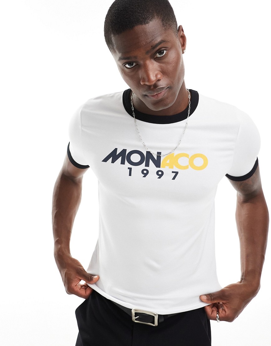 ASOS DESIGN muscle fit t-shirt with ringer in white with Monaco print