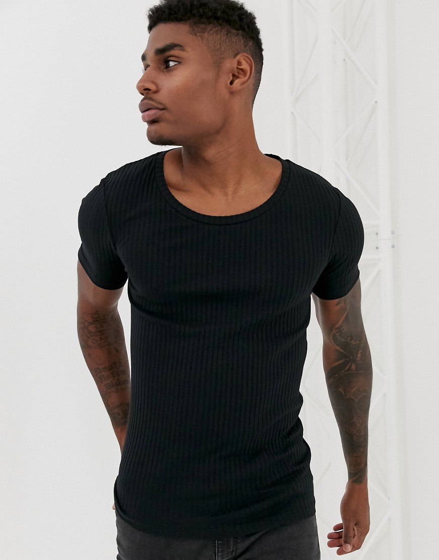 ASOS DESIGN muscle fit t-shirt with scoop neck in rib in black