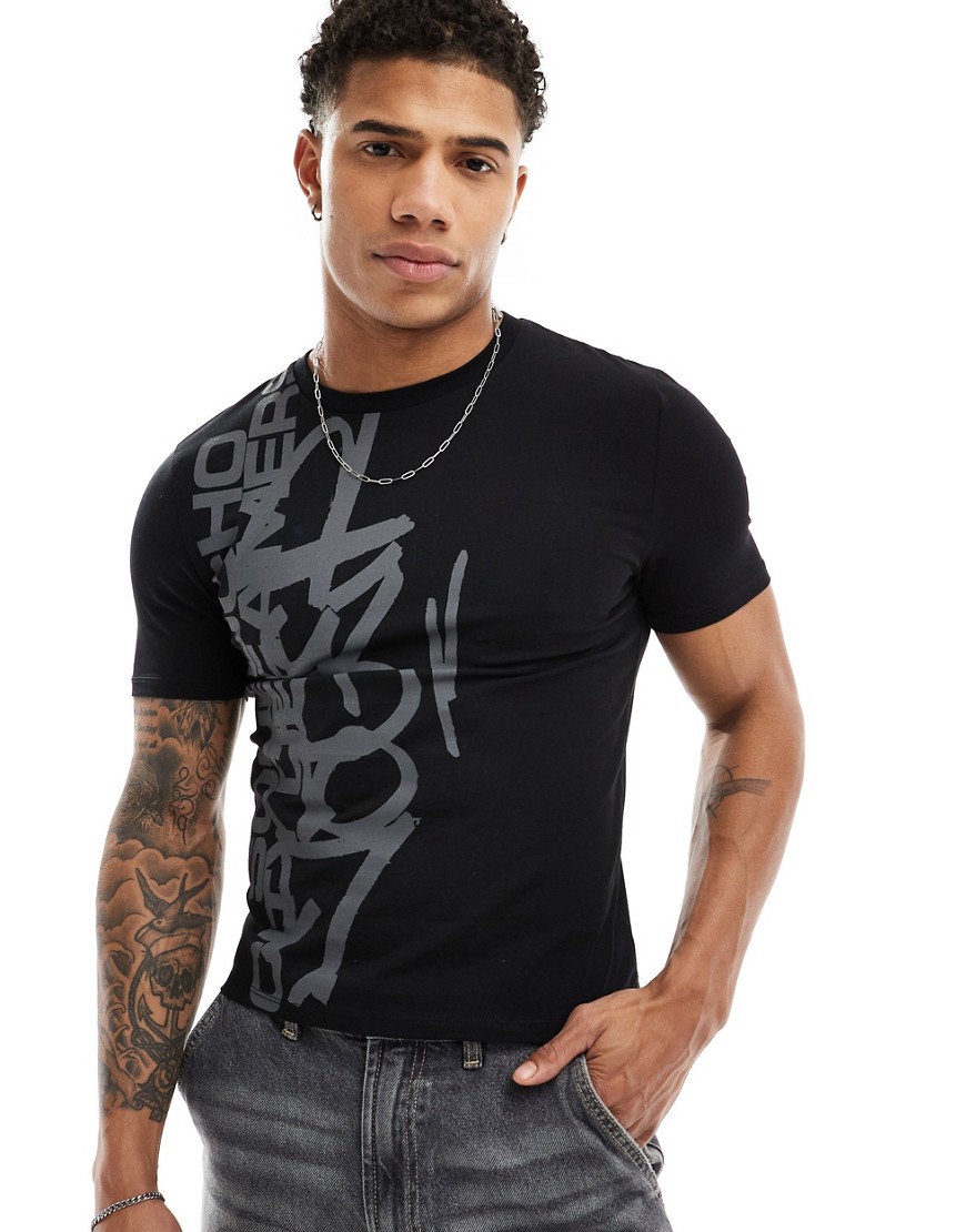 ASOS DESIGN muscle fit t-shirt with scribble print in black