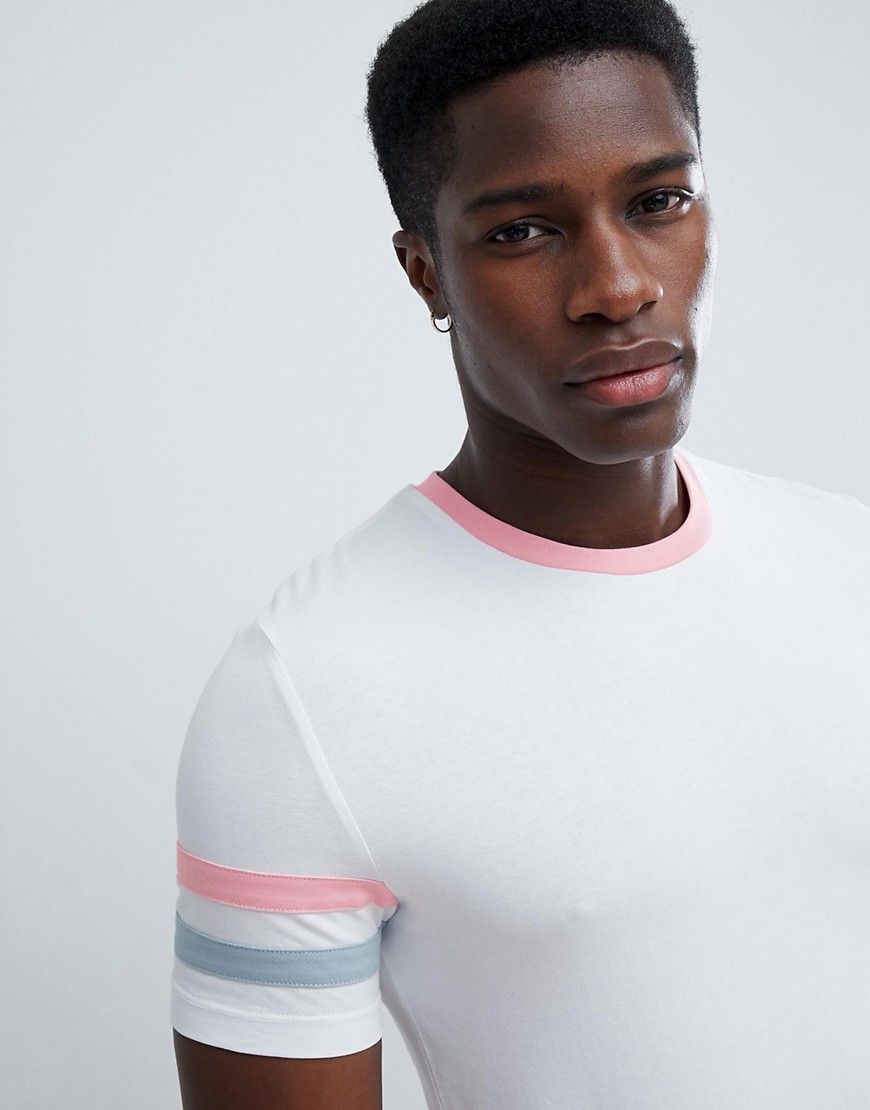 ASOS DESIGN muscle fit t-shirt with sleeve stripe-White