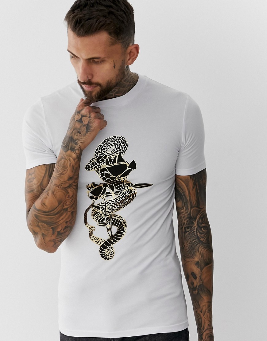 ASOS DESIGN muscle fit t-shirt with snake print in gold foil-White