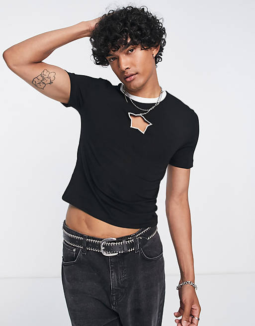ASOS DESIGN muscle fit t-shirt with star cut out in black