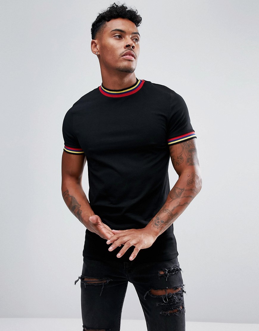 ASOS DESIGN muscle fit t-shirt with stretch and rainbow tipping in black