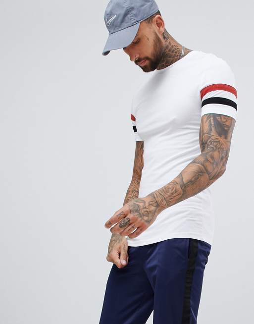 ASOS DESIGN muscle fit t-shirt with stretch and sleeve stripe in white