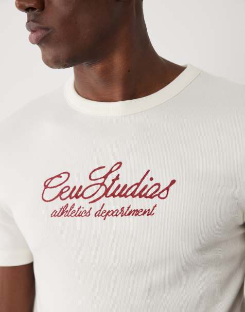 ASOS DESIGN muscle fit t-shirt with text embroidery in cream textured rib