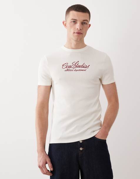 ASOS DESIGN muscle fit t-shirt with text embroidery in cream textured rib - view 1