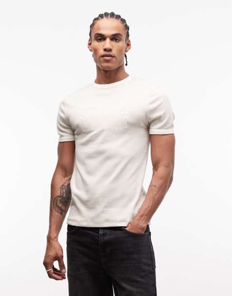 ASOS DESIGN muscle fit t-shirt with text graphic in cream textured rib - view 1