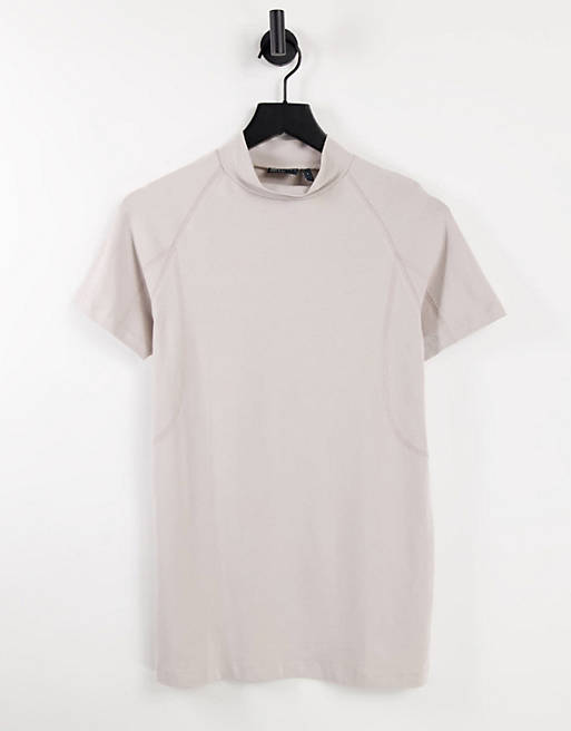 ASOS DESIGN muscle fit t-shirt with turtle neck and seam detailing in light grey