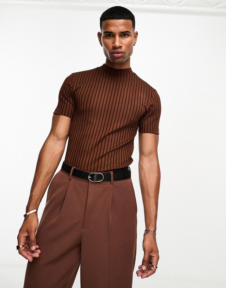 ASOS DESIGN muscle fit t-shirt with turtle neck in brown rib